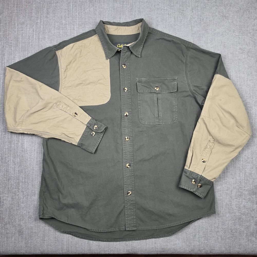 Cabelas Mens XL Shooting Shirt Quilted Shoulder Padded Olive Khaki Button Up